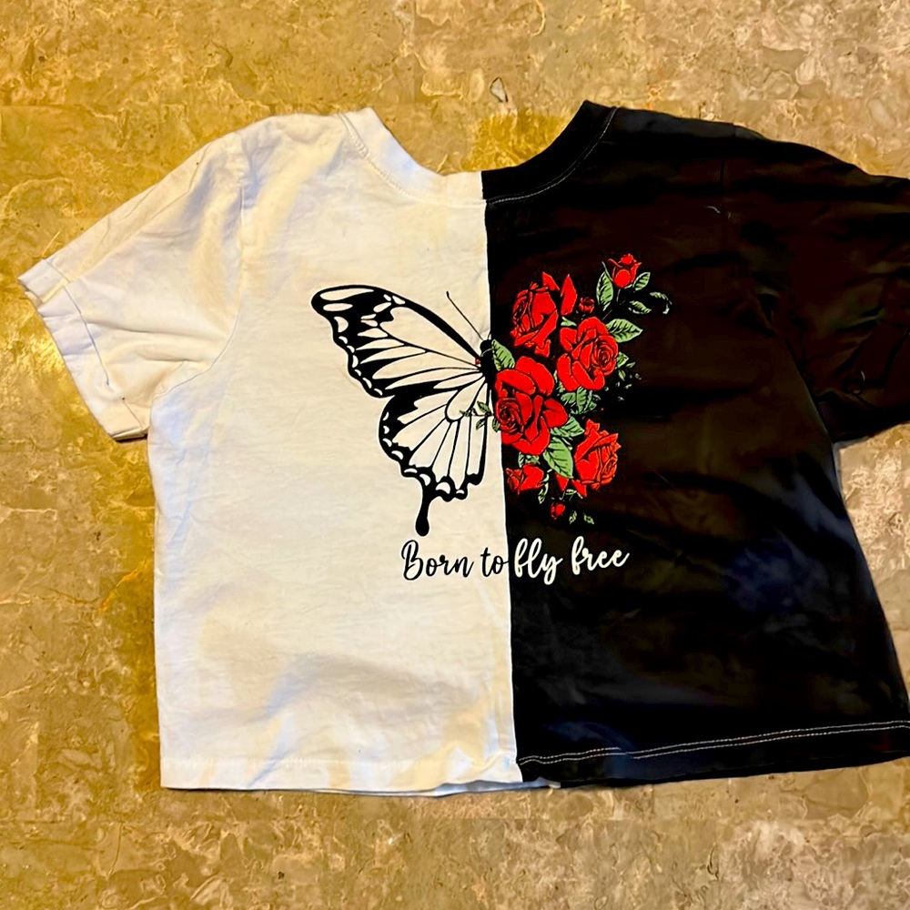 T-shirt, with butterfly saying ‘Born to fly free’